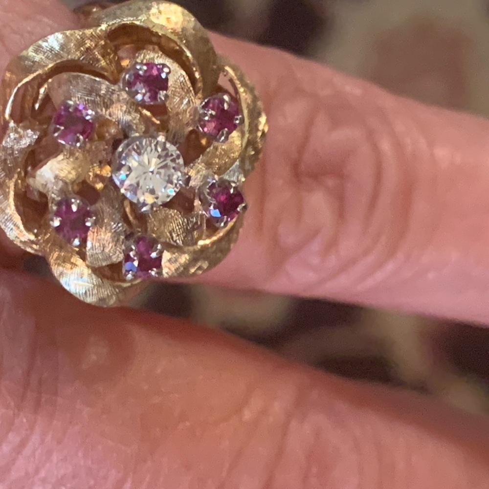 10k Vintage YG Pink Topaz and Diamond Ribbon Ring